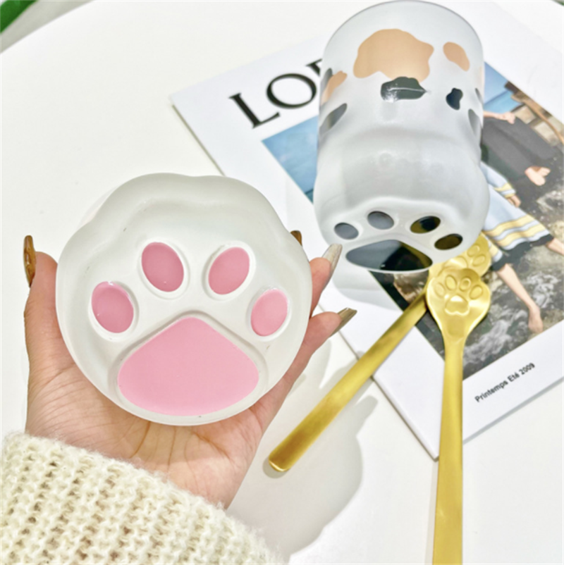 Frosted Glass Kitten Cat Paw Coffee Cup Mug Couples Water Bottle