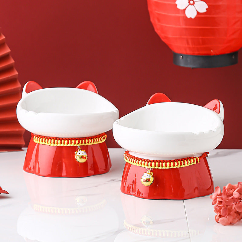 Raised Red Fire Cat High Footed Cat Bowl