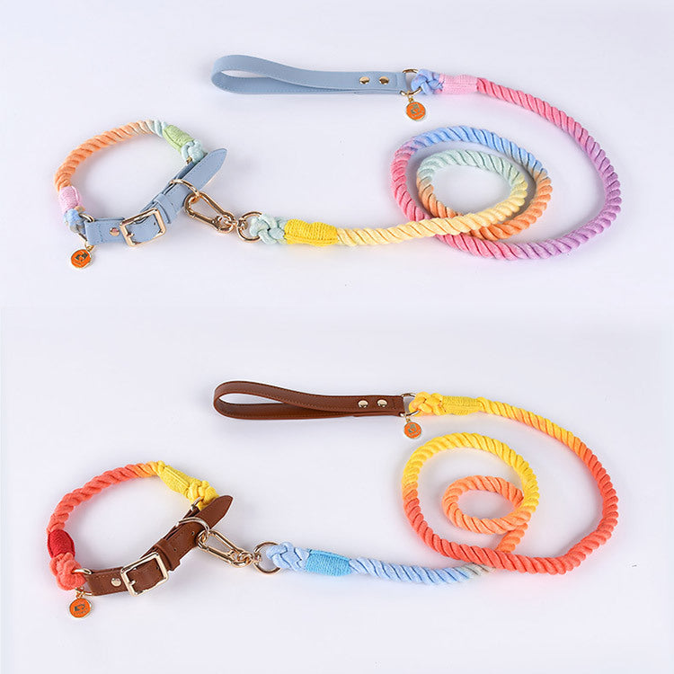 Cotton Rope Woven Leather Pet Leash Collar Se