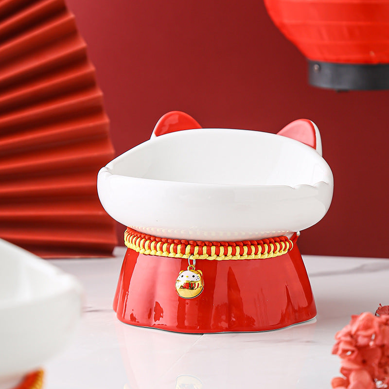Raised Red Fire Cat High Footed Cat Bowl