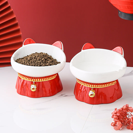 Raised Red Fire Cat High Footed Cat Bowl